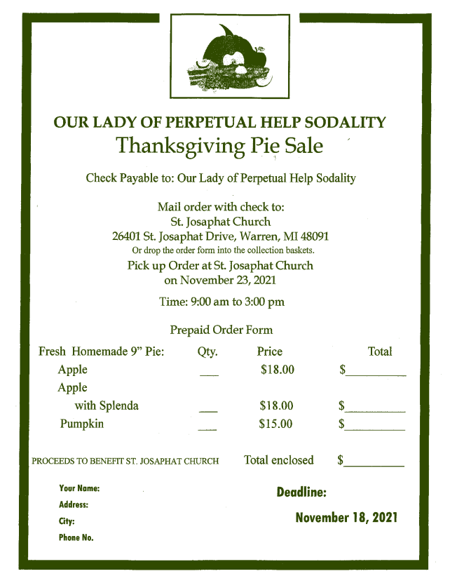Our lady of perpetual help thanksgiving pie sale